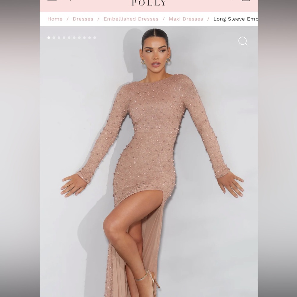 Oh Polly Nude Long Sleeve Embellished Dress